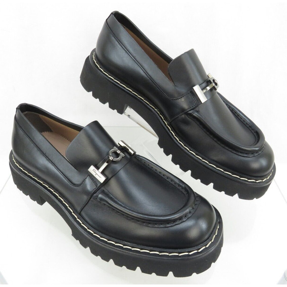 NIB FERRAGAMO IGNAZIO BLACK LEATHER GANCIO BIT LOGO LUG PLATFORM LOAFERS 12 M main image 12